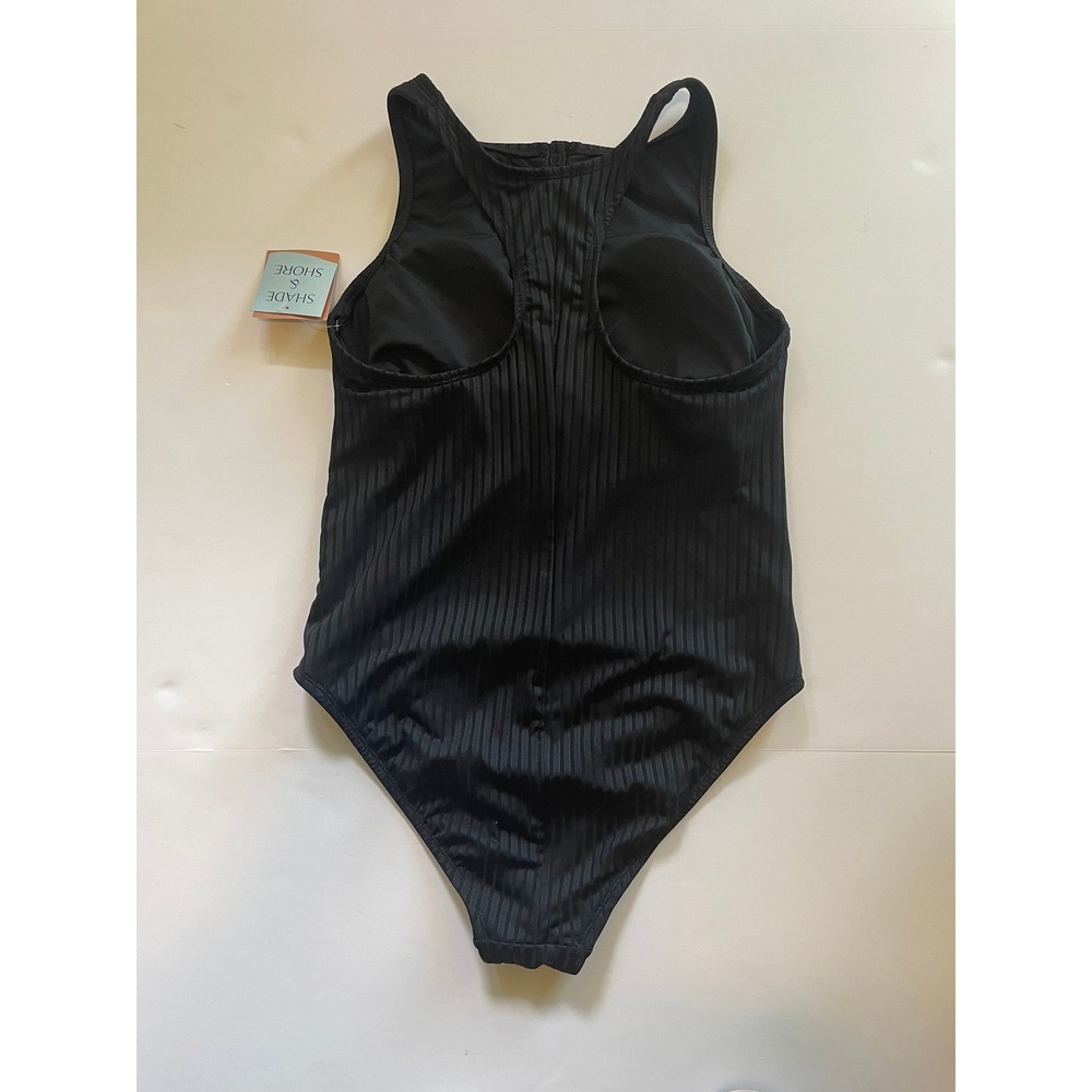 NWT Shade & Shore Black Ribbed Henley One Piece Swimsuit Tummy Control L - Picture 2 of 6